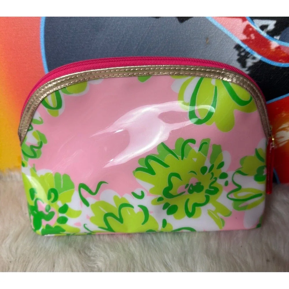 Lilly Pulitzer Estee Lauder Cosmetic Bag Pink Green Floral Makeup Pouch Dome Zip
